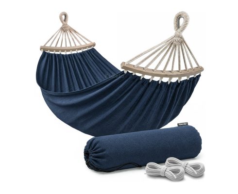 alt = Hamak z drążkiem niebieski dwuosobowy 260×150cm Gerdo