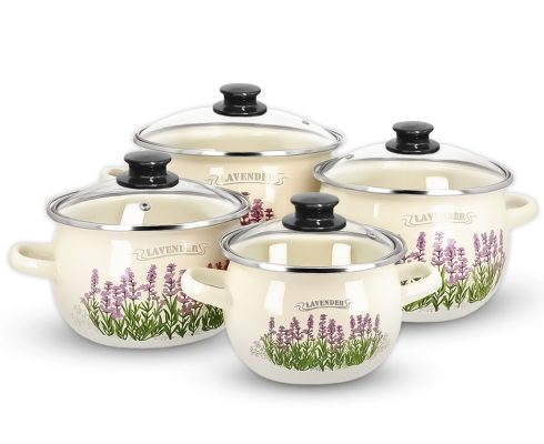 alt = "Komplet garnków emaliowanych LAWENDA 4 el. Emajlo Olkusz"