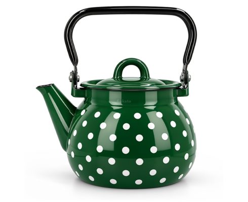 alt = Czajnik emaliowany butelkowa zieleń kropki 2,5 l Emajlo Olkusz