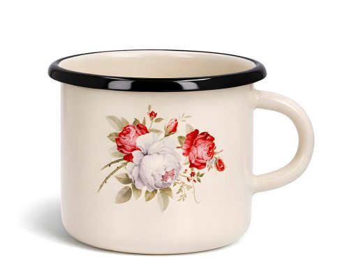 alt=Kubek emaliowany z nadrukiem 0,5 l krem Róża Emajlo Olkusz