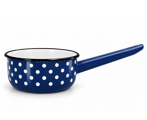 alt = Rondel emaliowany z rączką 1,5 l kropki granatowy 16 cm Emajlo Olkusz