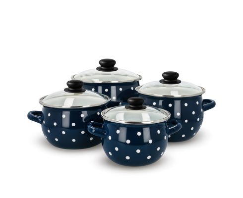 alt = Komplet garnków emaliowanych granatowy KROPKI 4 el. Emajlo Olkusz